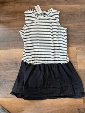 Striped Sleeveless Drop-Waist Midi Dress in Black & White large pockets nwt